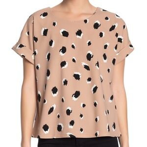 Mellóday Blouse Women’s Taupe & Black Animal Print Folded Short Sleeve Top Sz XL